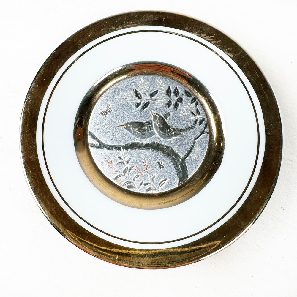 Vintage Art of Chokin Plate Birds Butterfly Etched Copper 24K‎ Gold Edged Japan